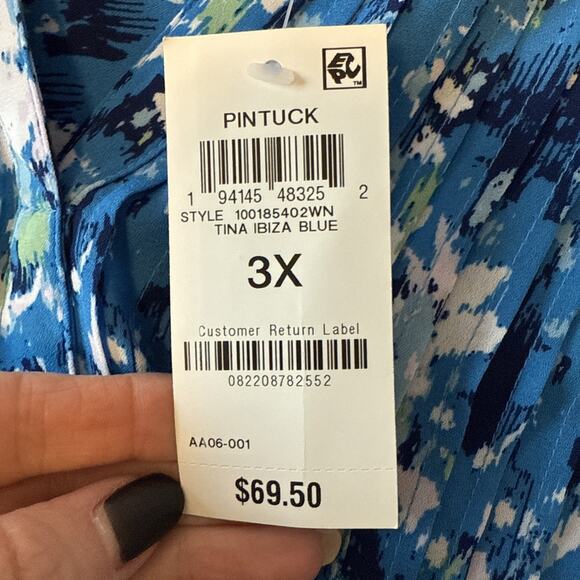 Style & Co NWT Women's Plus 3X Blue Pintuck 3/4 Bell Sleeve V Neck Tunic Blouse - Picture 7 of 13